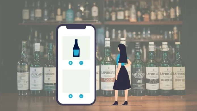 お酒の通信販売。バーの机に並ぶボトルの前に、スマートフォンでお酒を買おうとしている女性のイラスト。